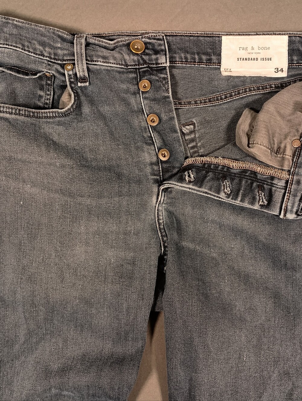 Rag & Bone Standard Issue Fit 2 Slim Button Fly Distressed Stretch Mens 34 Jeans